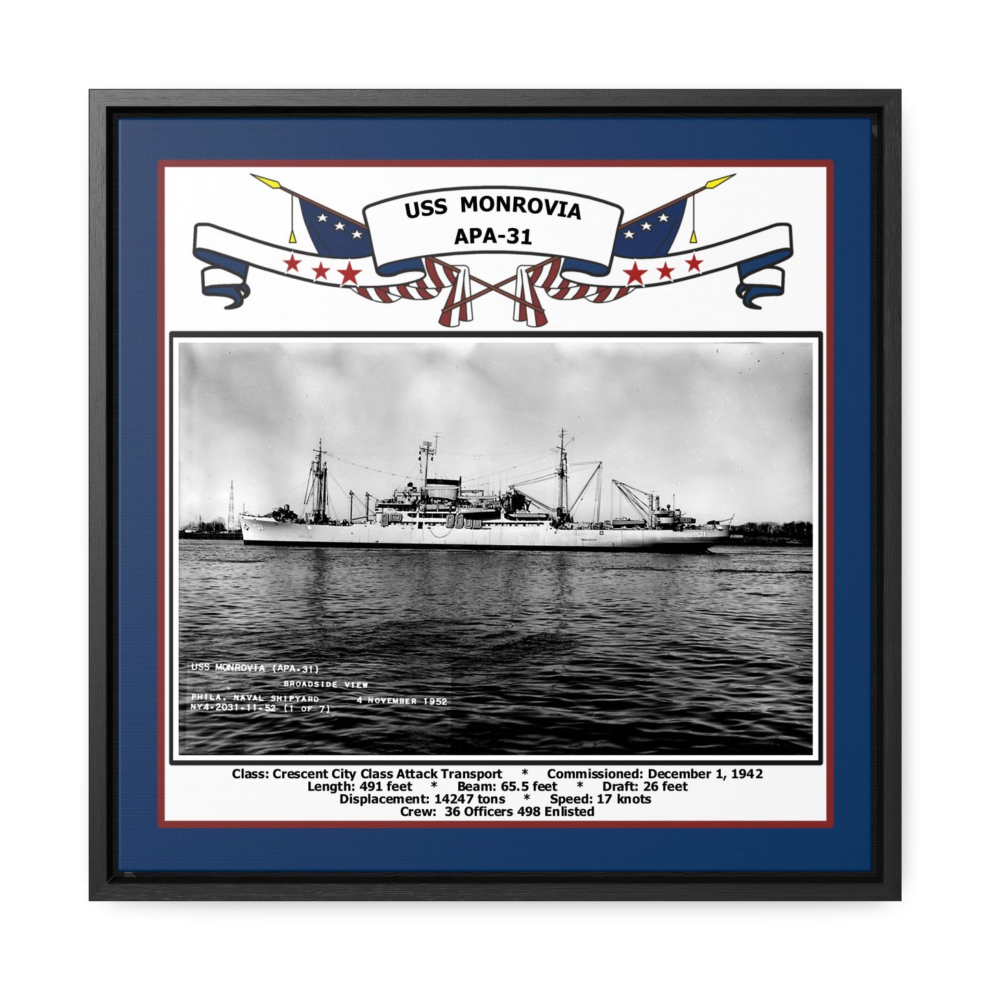 USS Monrovia APA-31 Navy Floating Frame Photo Front View