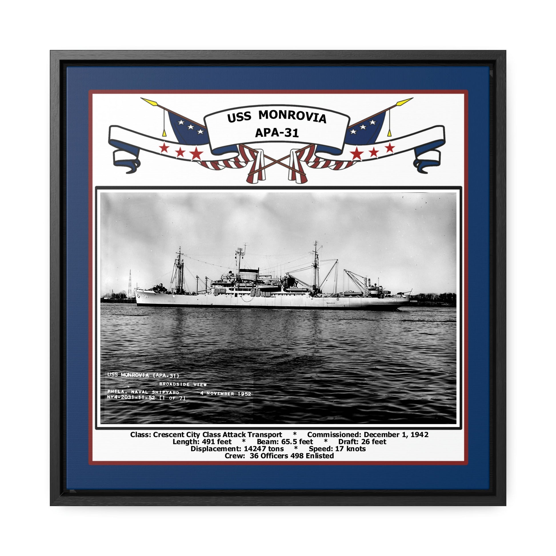 USS Monrovia APA-31 Navy Floating Frame Photo Front View