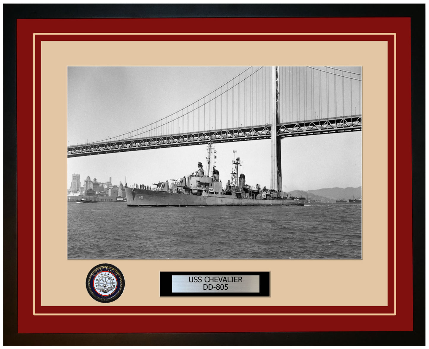 USS CHEVALIER DD-805 Framed Navy Ship Photo Burgundy