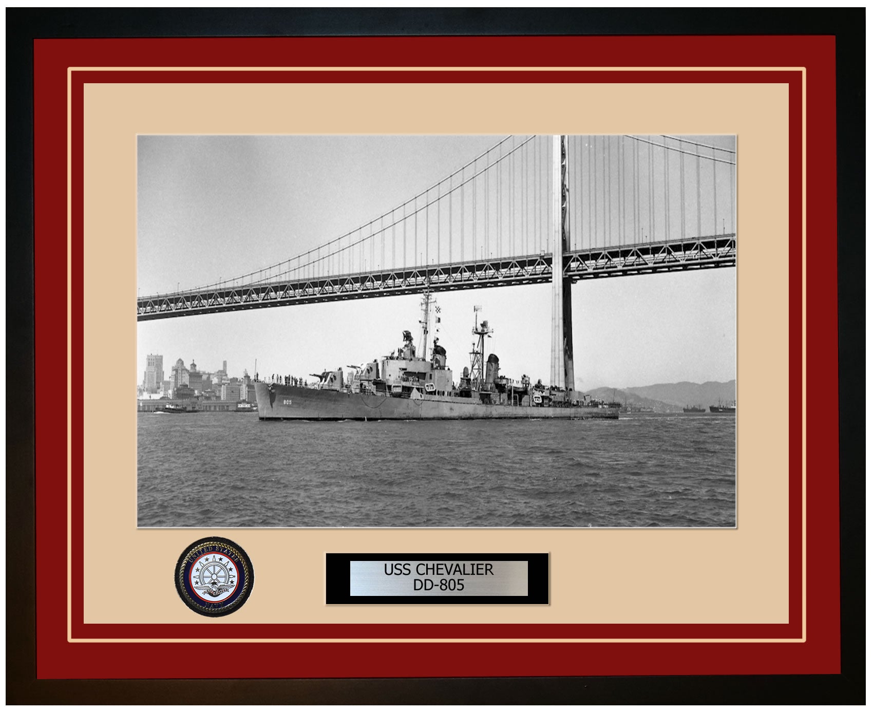 USS CHEVALIER DD-805 Framed Navy Ship Photo Burgundy