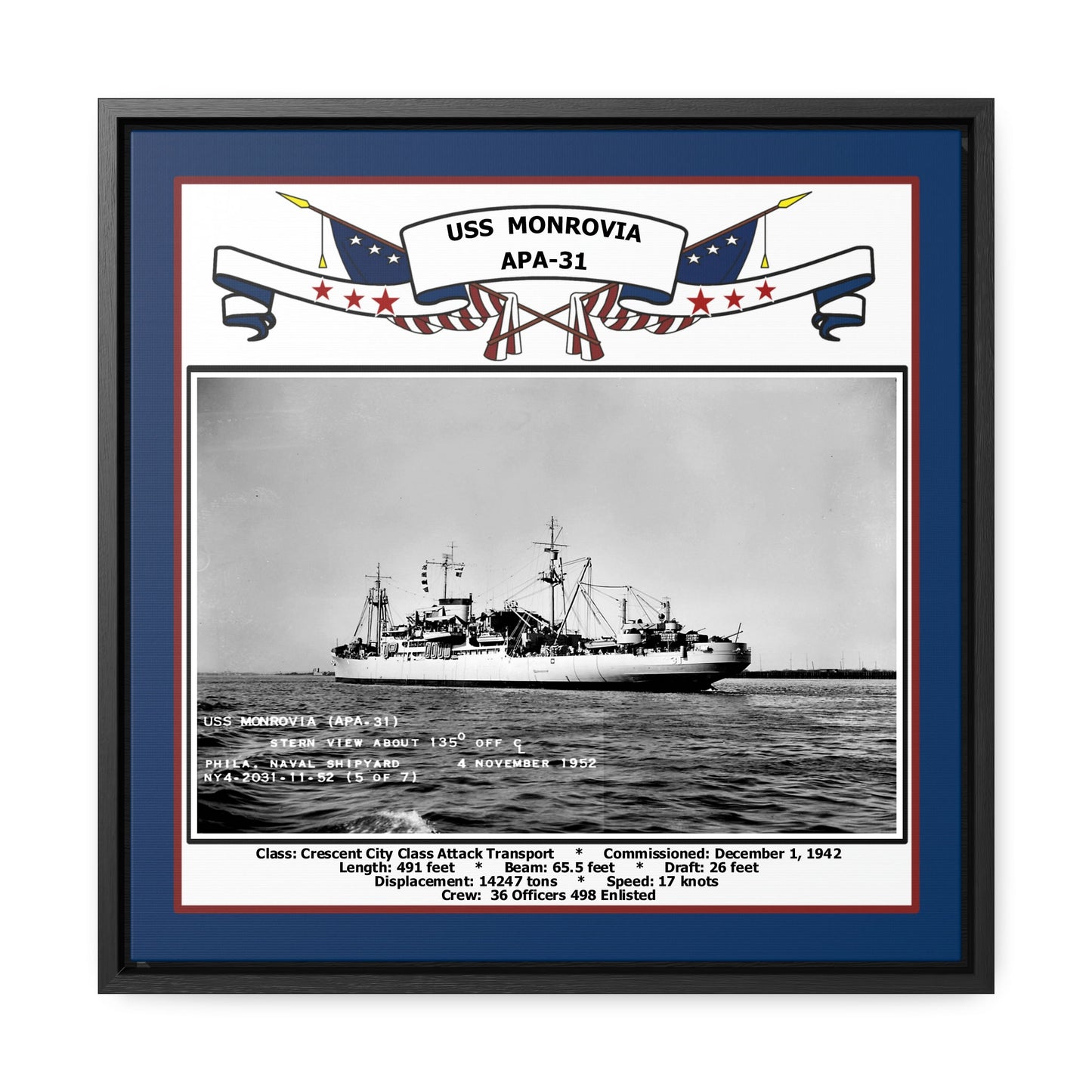 USS Monrovia APA-31 Navy Floating Frame Photo Front View