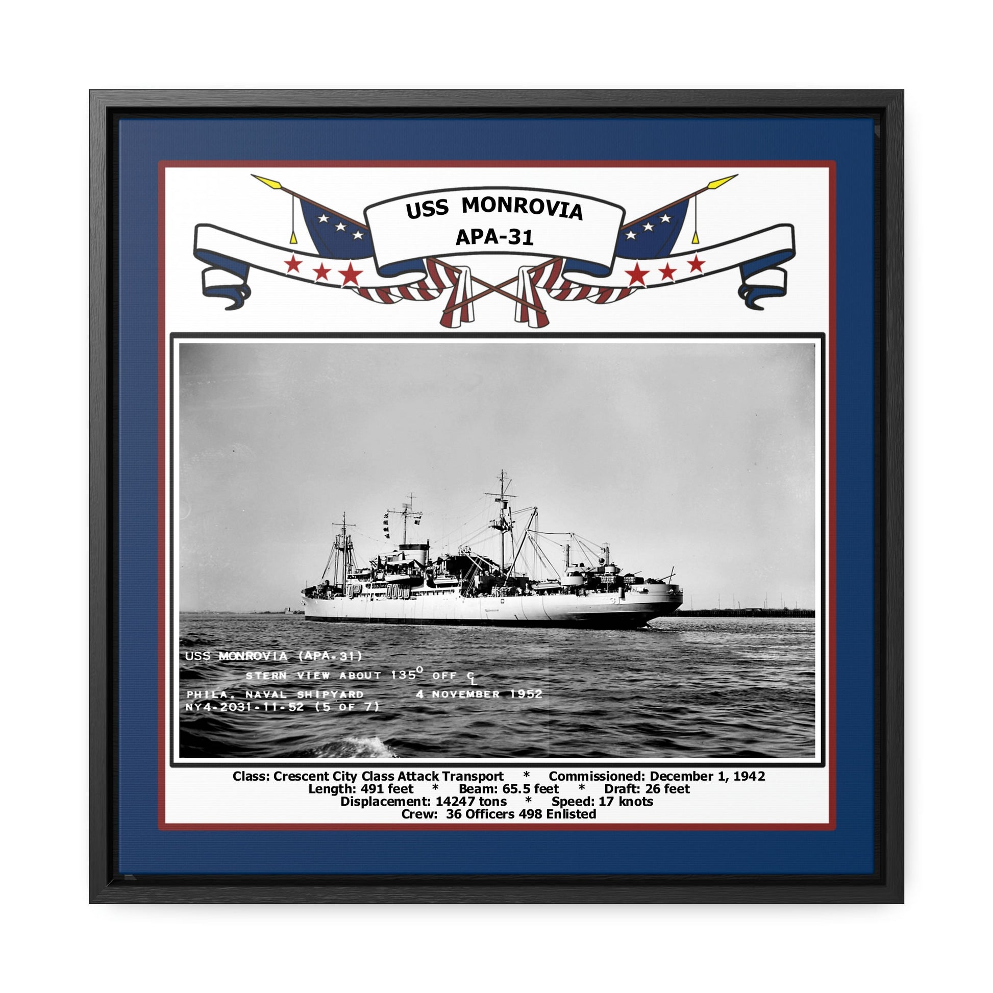 USS Monrovia APA-31 Navy Floating Frame Photo Front View