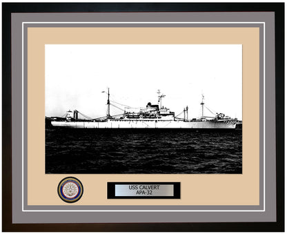 USS Calvert APA-32 Framed Navy Ship Photo Grey