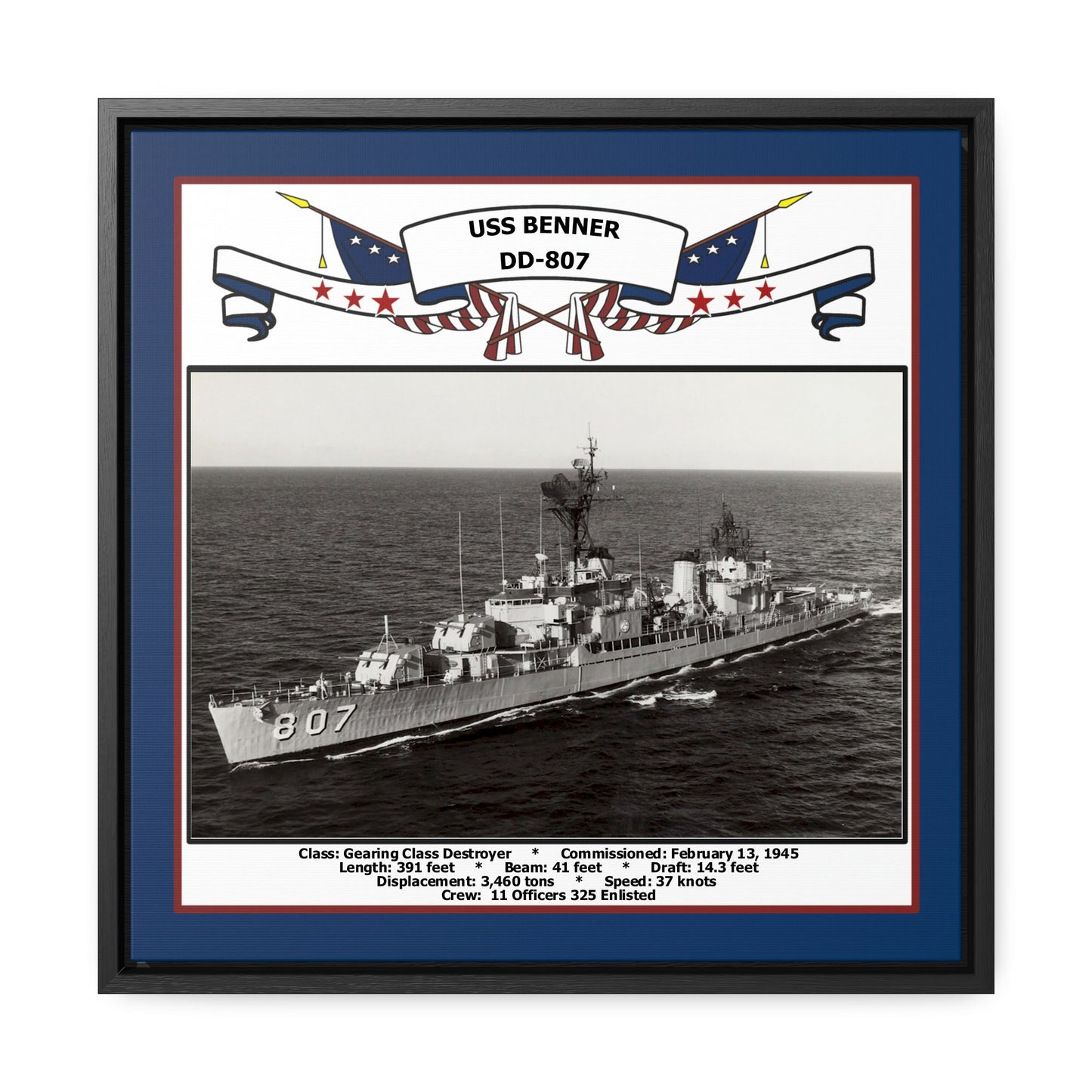 USS Benner DD-807 Navy Floating Frame Photo Front View