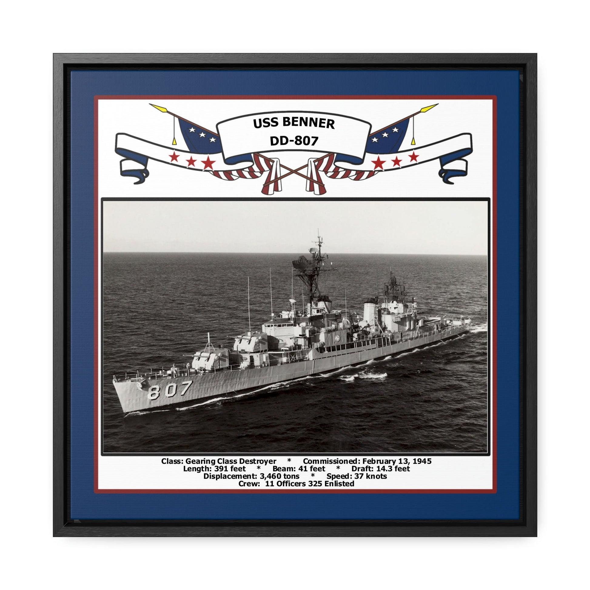 USS Benner DD-807 Navy Floating Frame Photo Front View