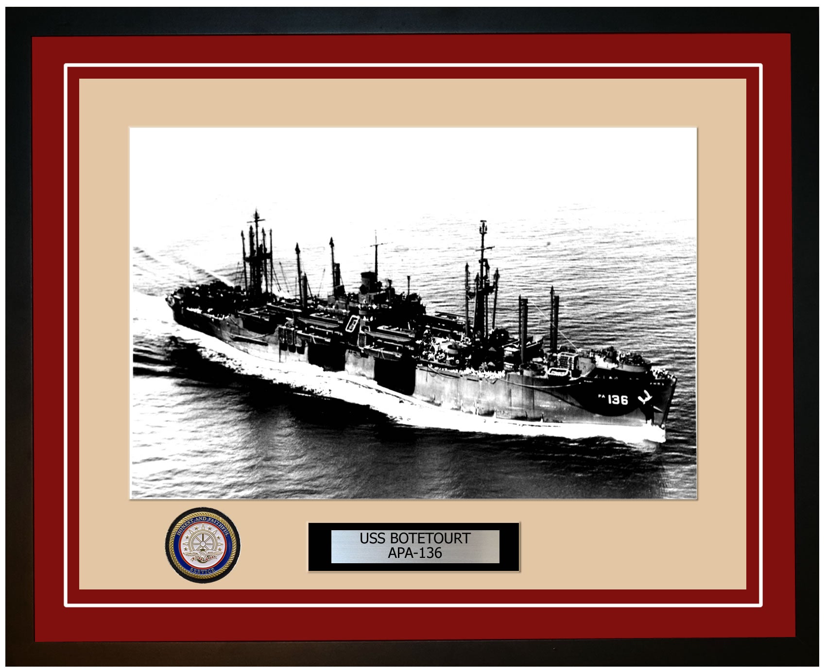 USS Botetourt APA-136 Framed Navy Ship Photo Burgundy