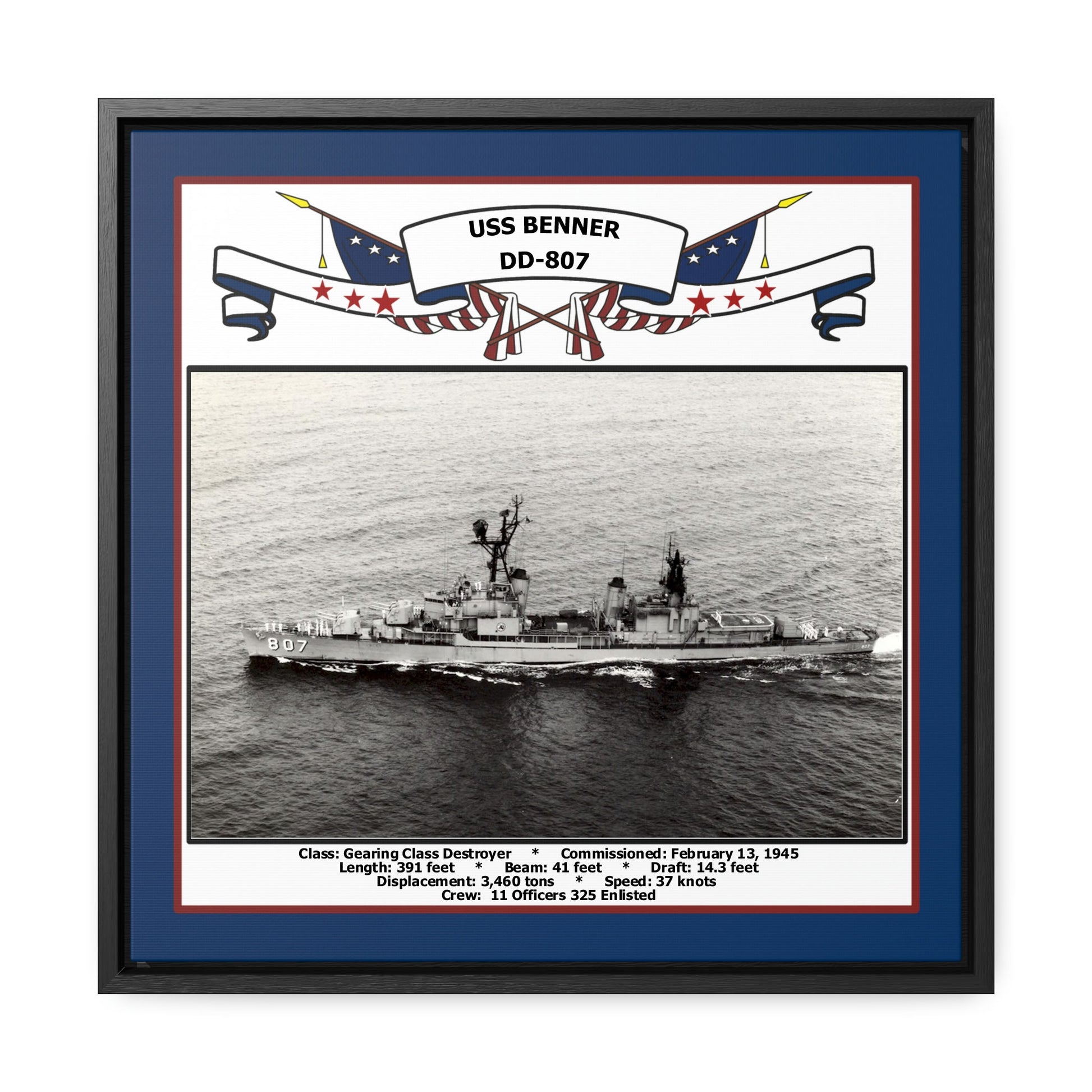 USS Benner DD-807 Navy Floating Frame Photo Front View