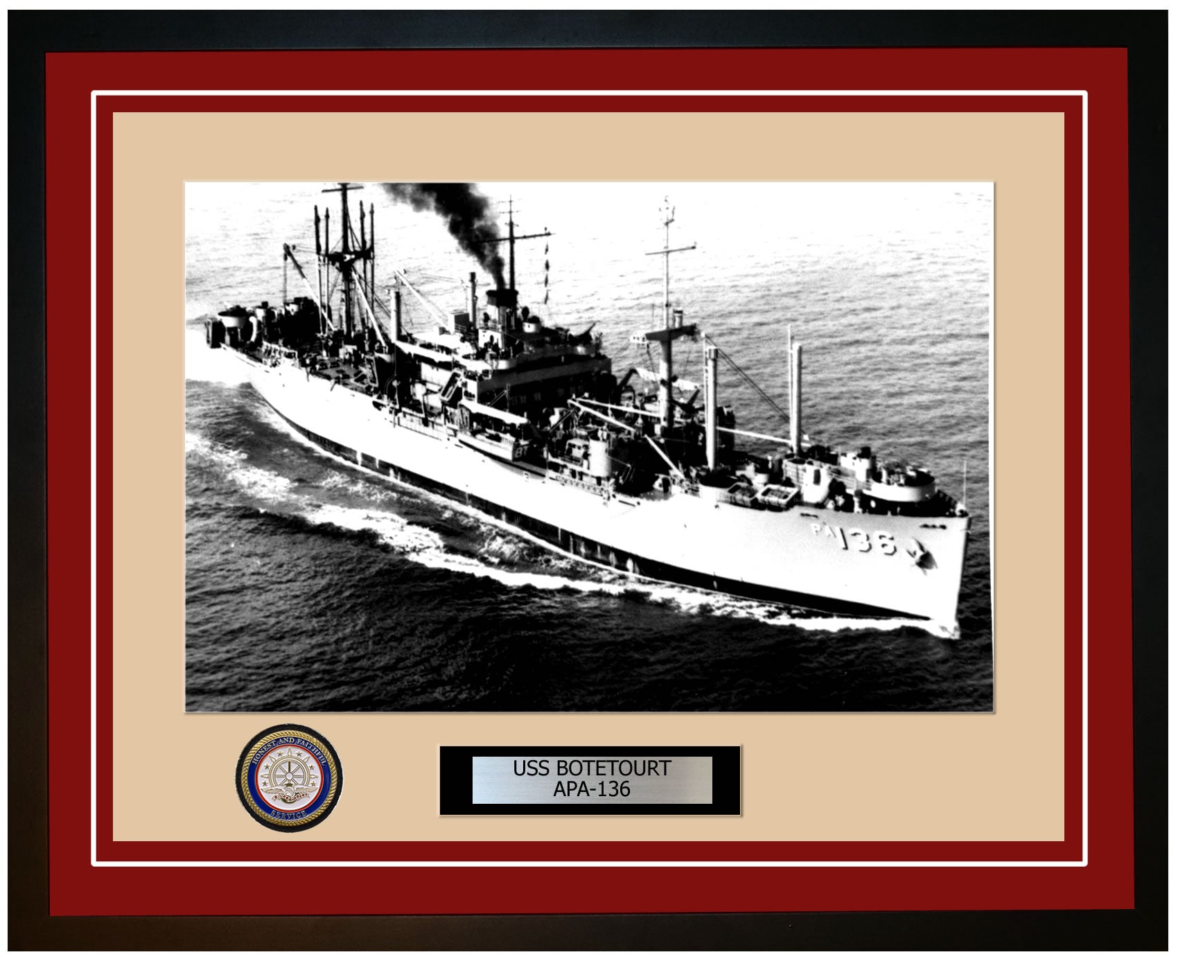 USS Botetourt APA-136 Framed Navy Ship Photo Burgundy