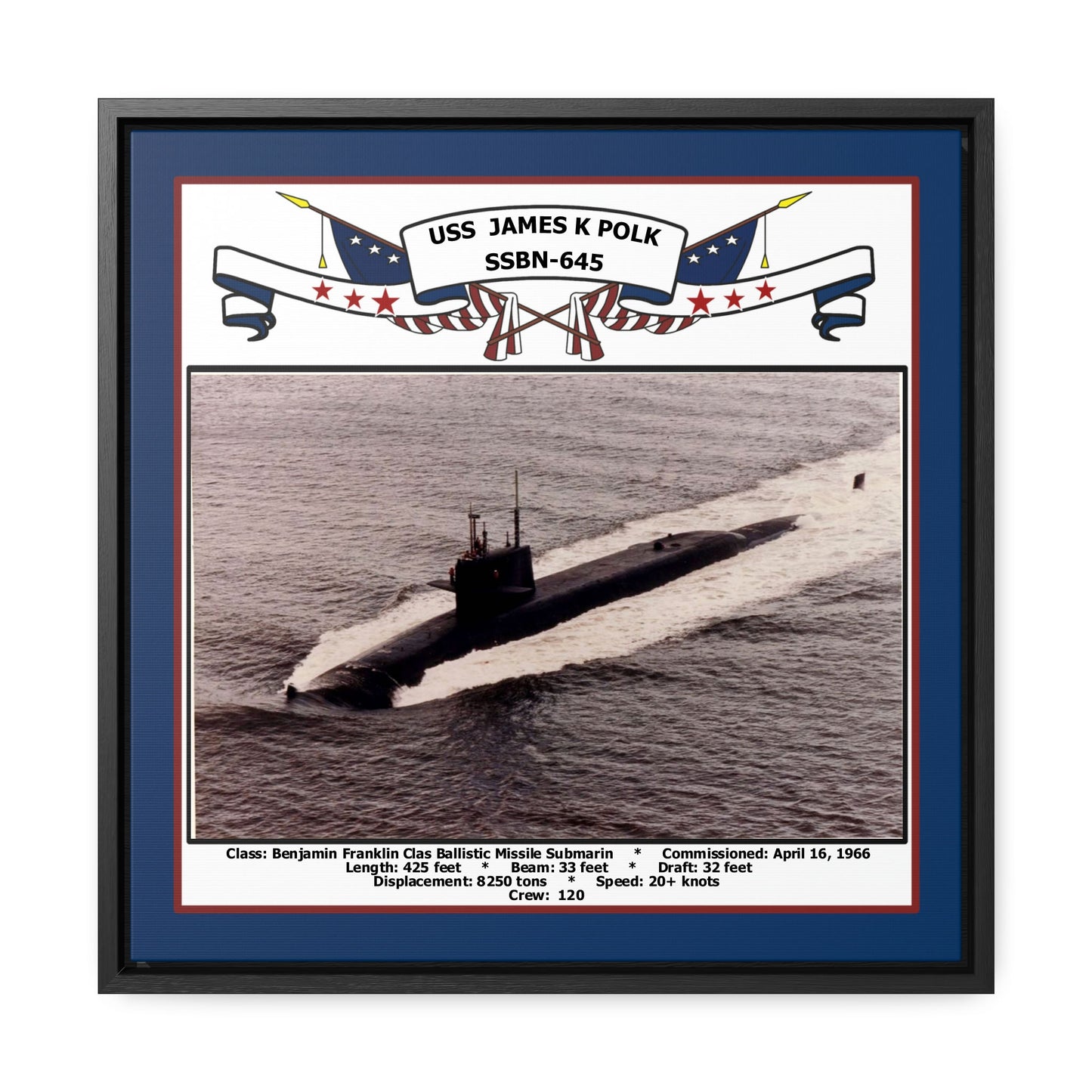 USS James K Polk SSBN-645 Navy Floating Frame Photo Front View