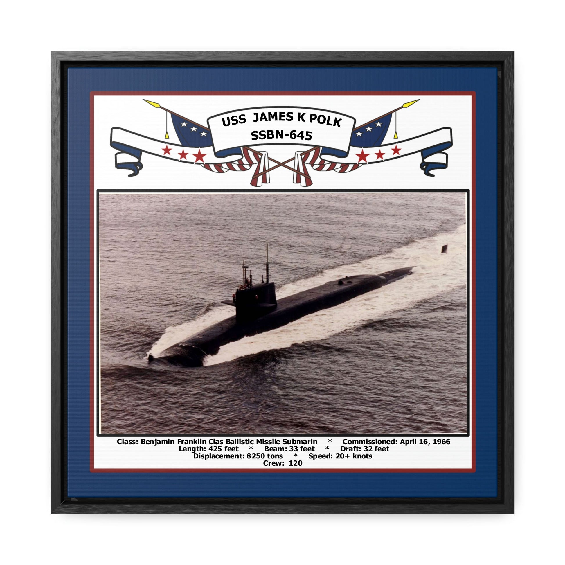 USS James K Polk SSBN-645 Navy Floating Frame Photo Front View