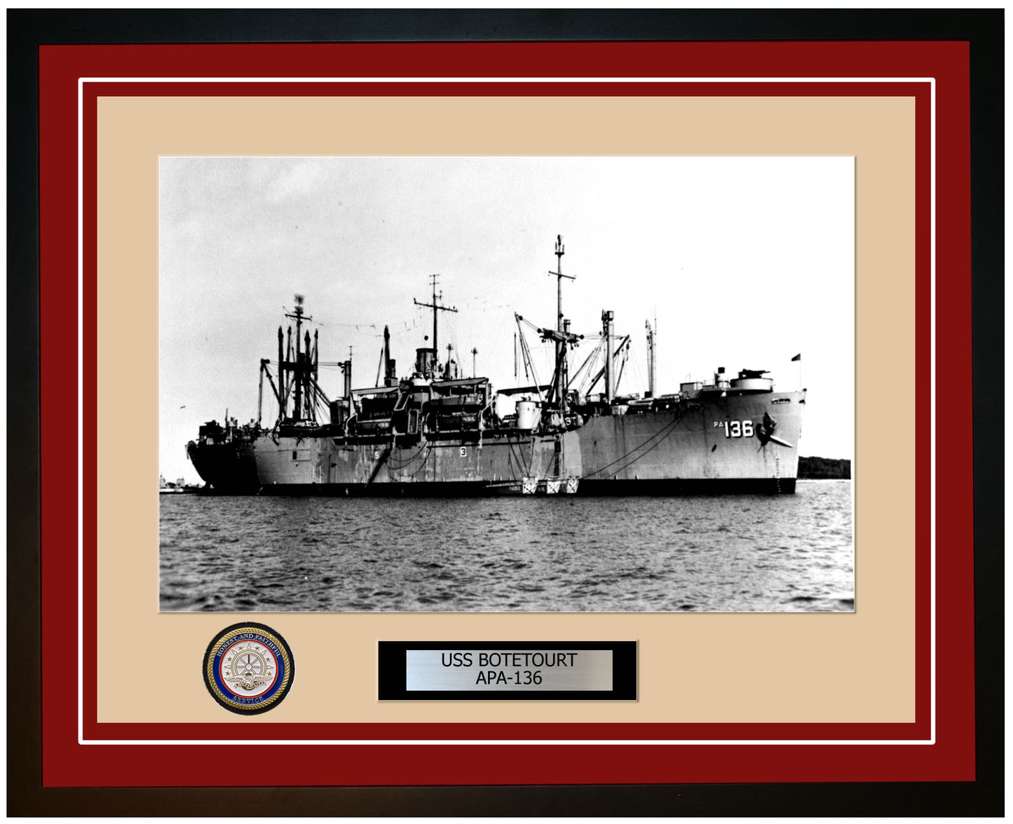 USS Botetourt APA-136 Framed Navy Ship Photo Burgundy