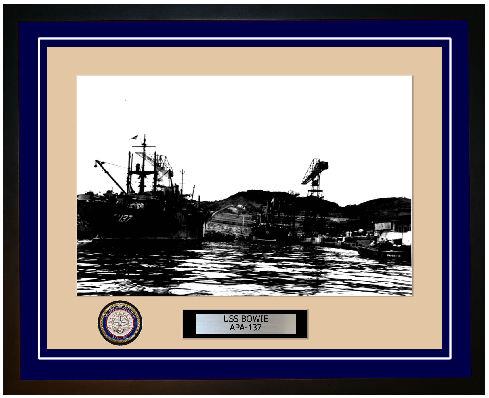 USS Bowie APA-137 Framed Navy Ship Photo Blue
