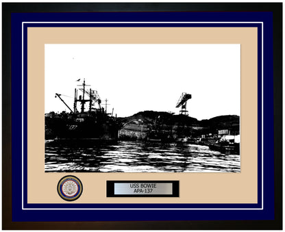 USS Bowie APA-137 Framed Navy Ship Photo Blue