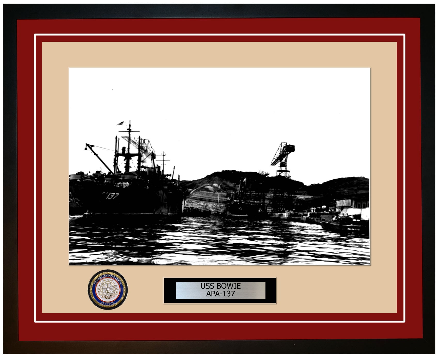 USS Bowie APA-137 Framed Navy Ship Photo Burgundy