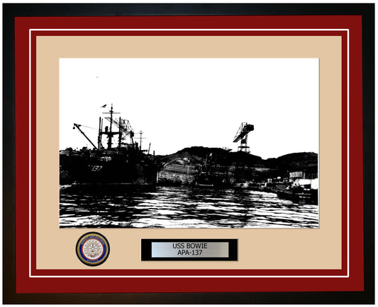 USS Bowie APA-137 Framed Navy Ship Photo Burgundy