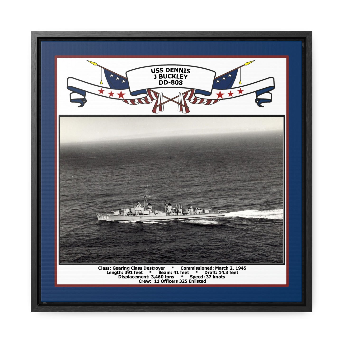 USS Dennis J Buckley DD-808 Navy Floating Frame Photo Front View