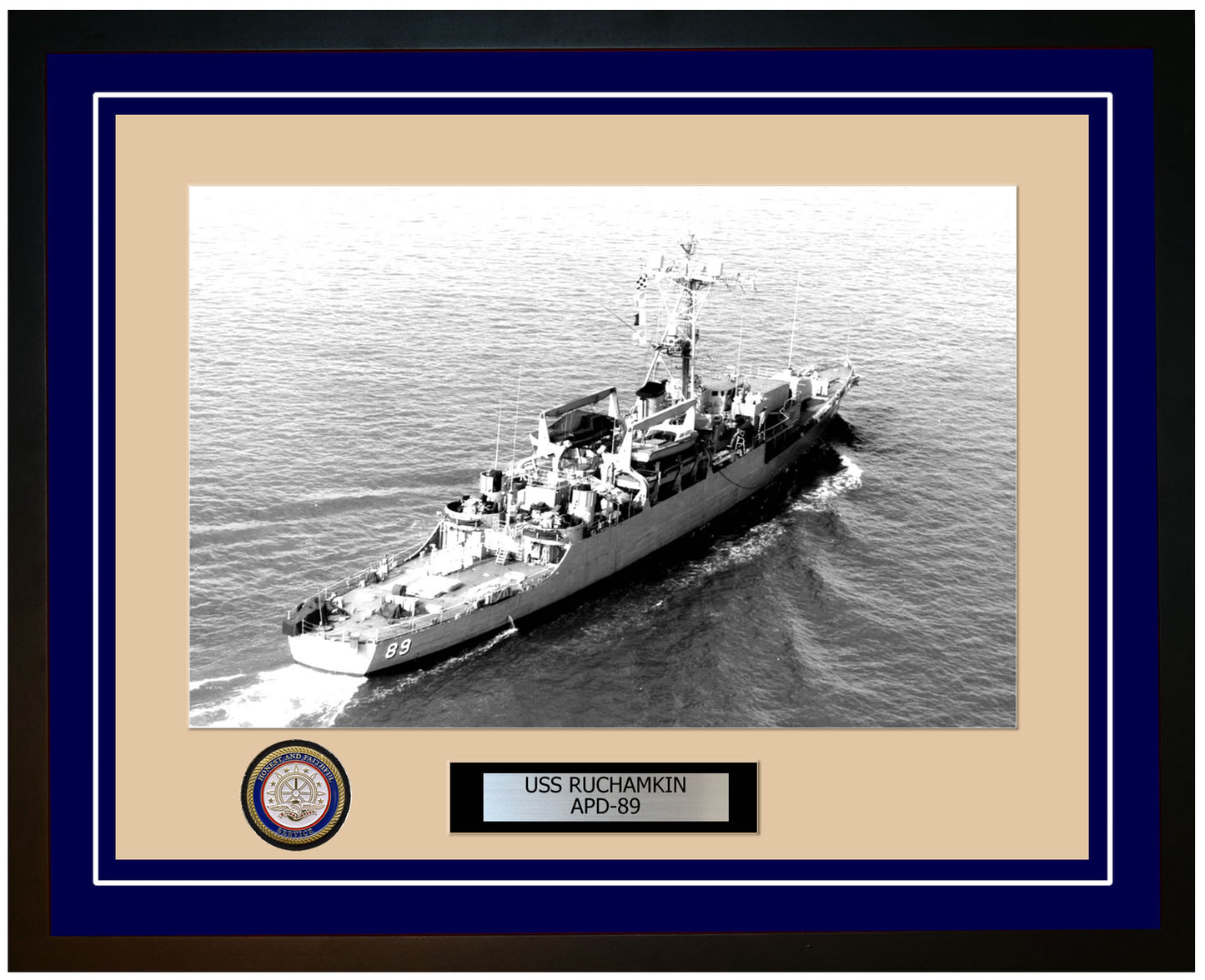 USS Ruchamkin APD-89 Framed Navy Ship Photo Blue