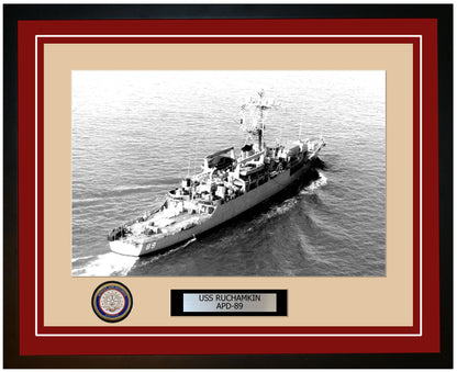 USS Ruchamkin APD-89 Framed Navy Ship Photo Burgundy