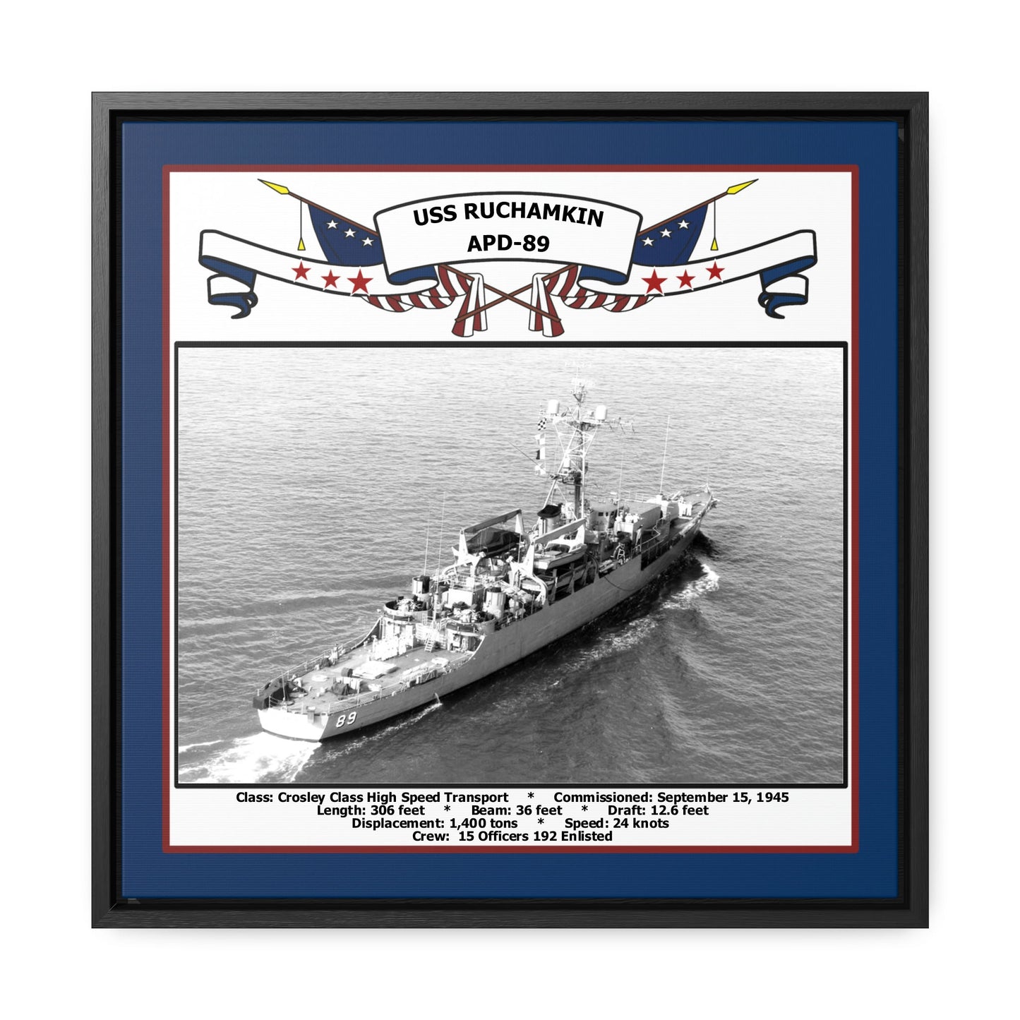 USS Ruchamkin APD-89 Navy Floating Frame Photo Front View