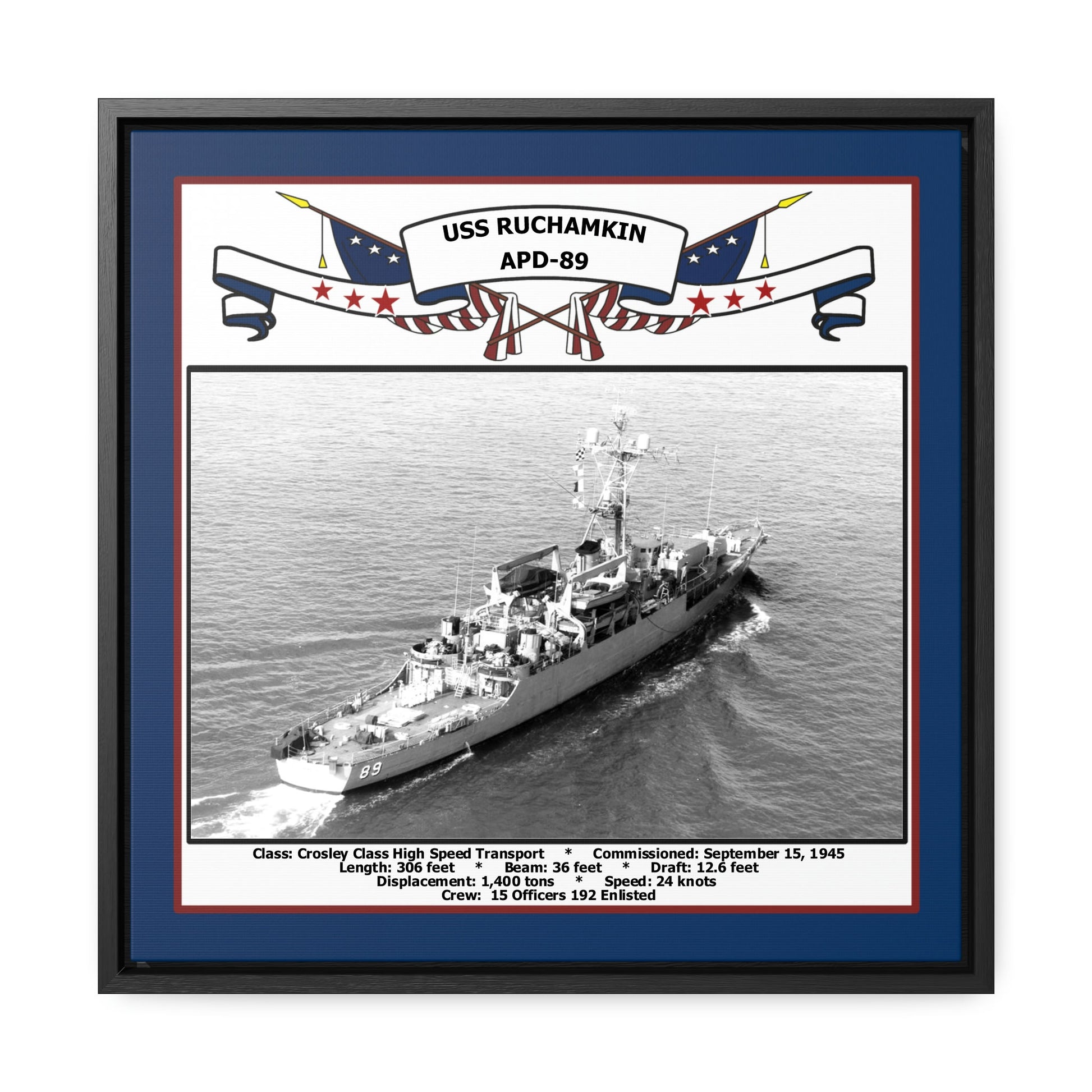 USS Ruchamkin APD-89 Navy Floating Frame Photo Front View