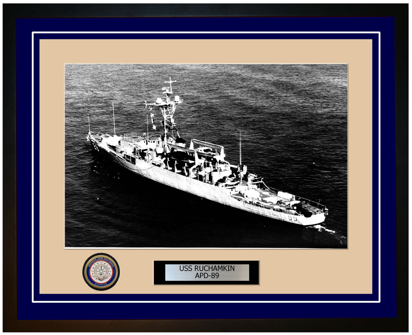 USS Ruchamkin APD-89 Framed Navy Ship Photo Blue