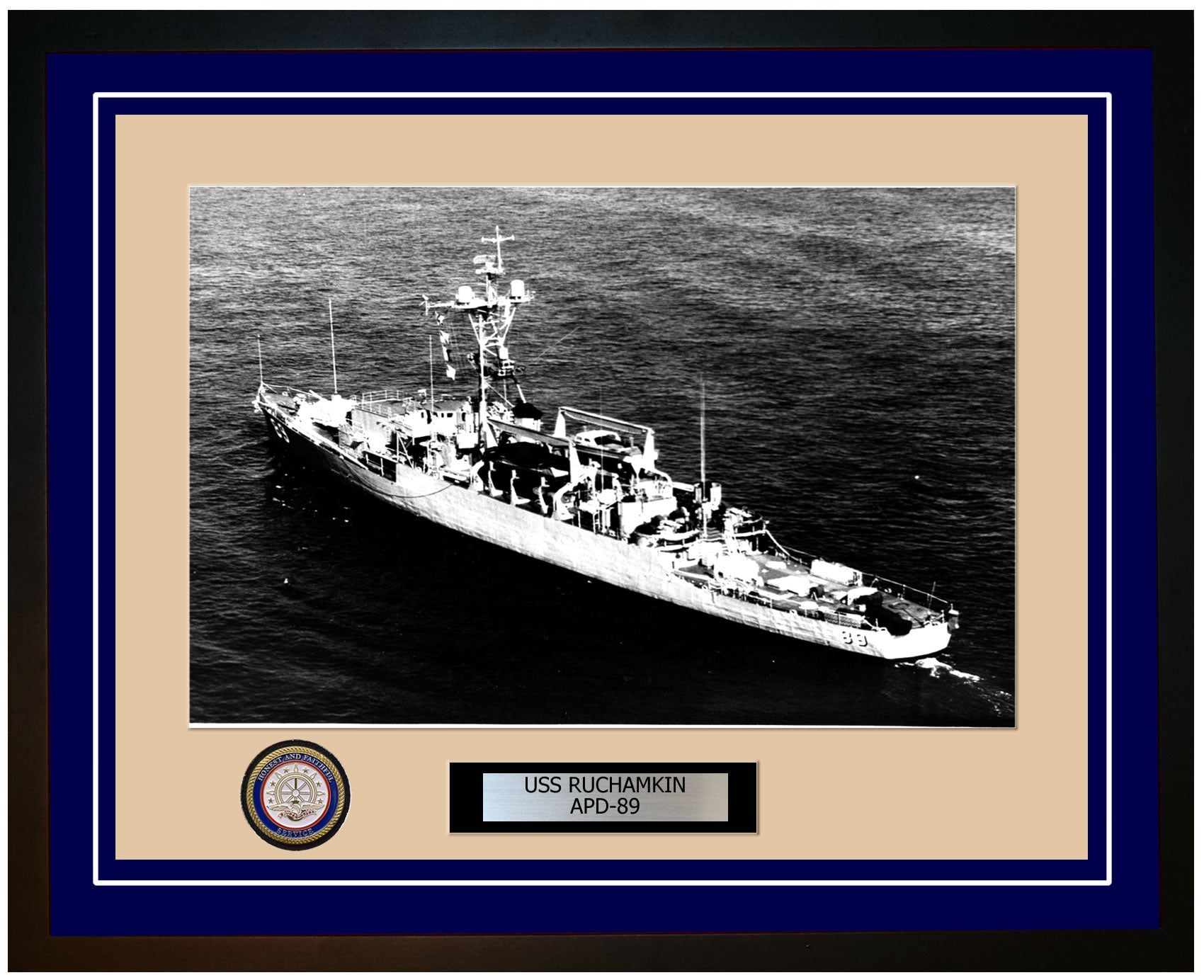 USS Ruchamkin APD-89 Framed Navy Ship Photo Blue