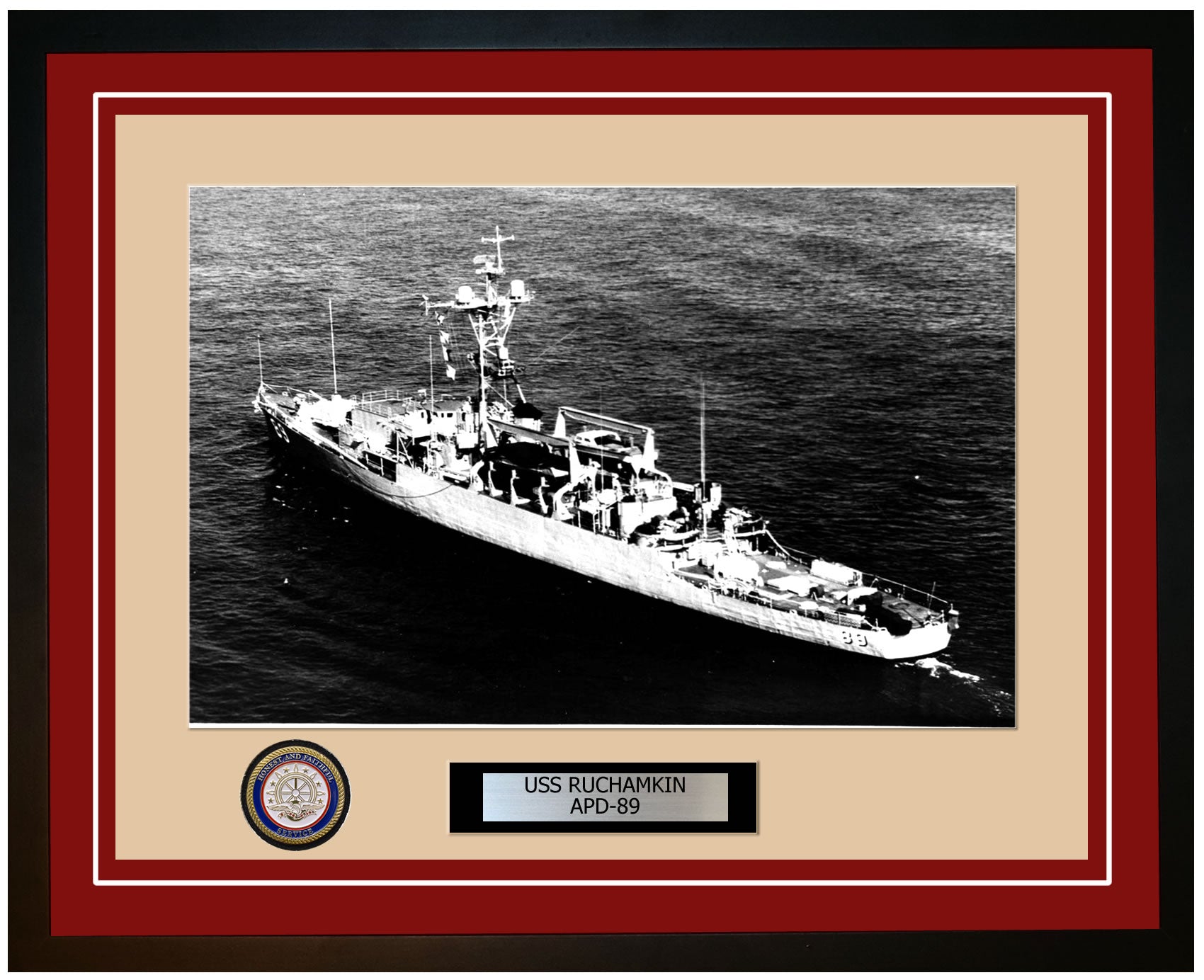 USS Ruchamkin APD-89 Framed Navy Ship Photo Burgundy