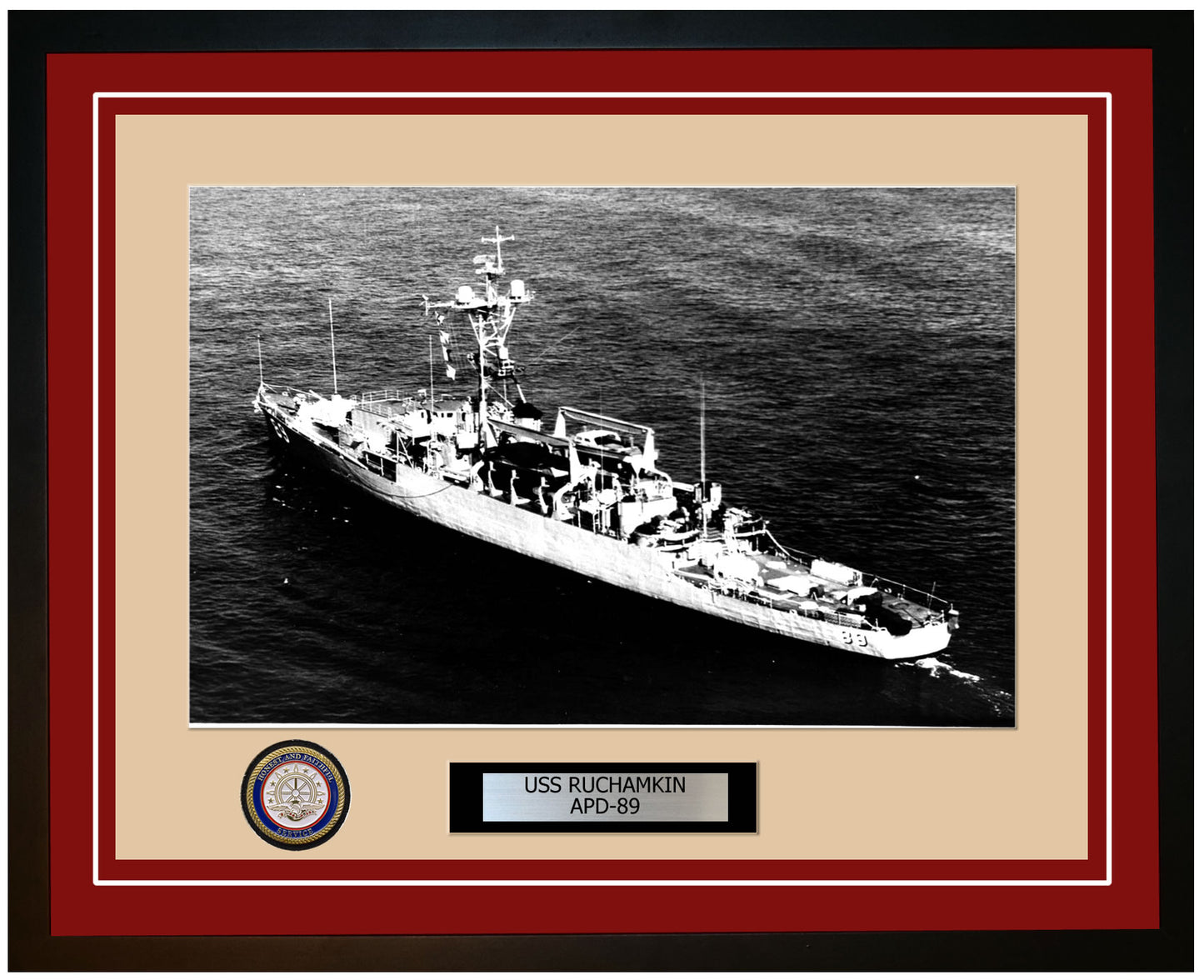 USS Ruchamkin APD-89 Framed Navy Ship Photo Burgundy