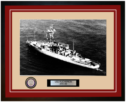USS Ruchamkin APD-89 Framed Navy Ship Photo Burgundy