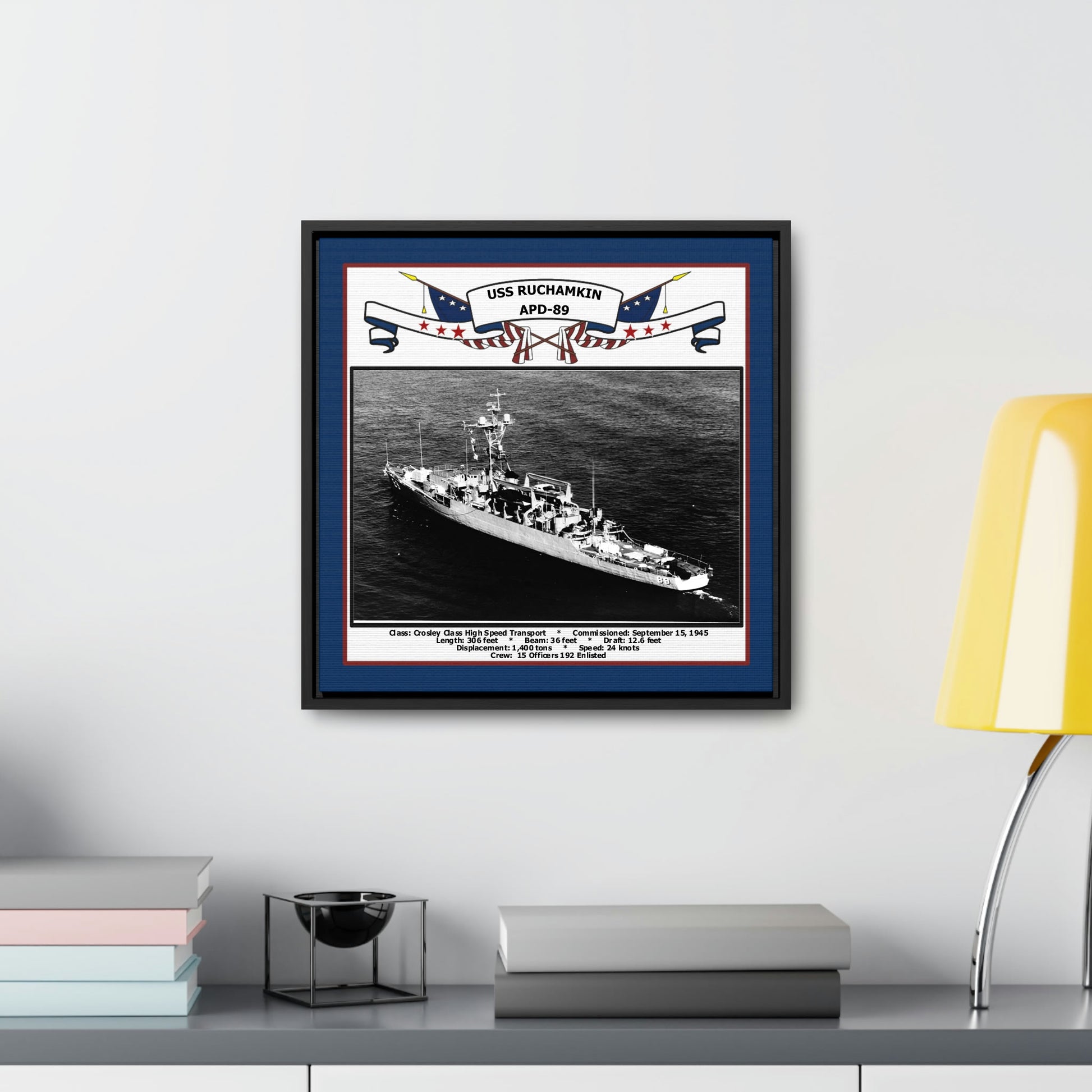 USS Ruchamkin APD-89 Navy Floating Frame Photo Desk View