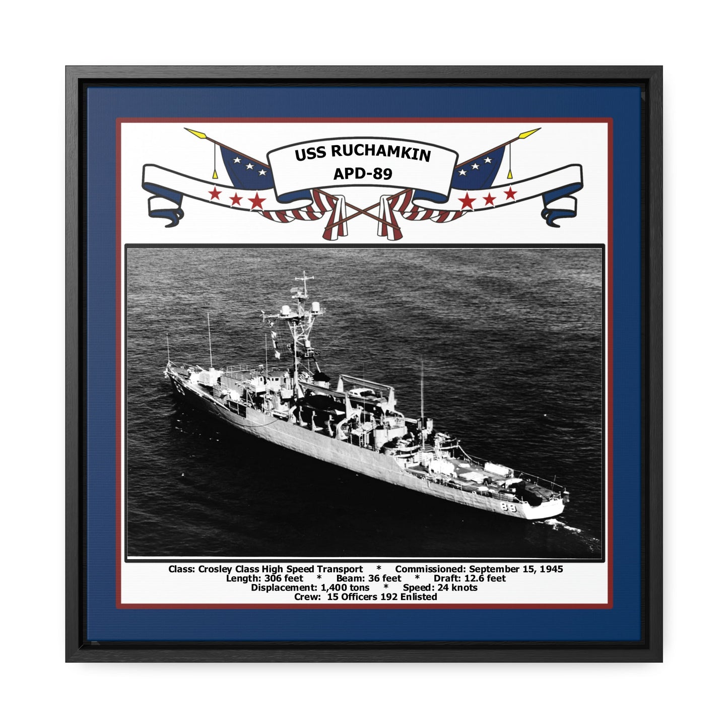 USS Ruchamkin APD-89 Navy Floating Frame Photo Front View