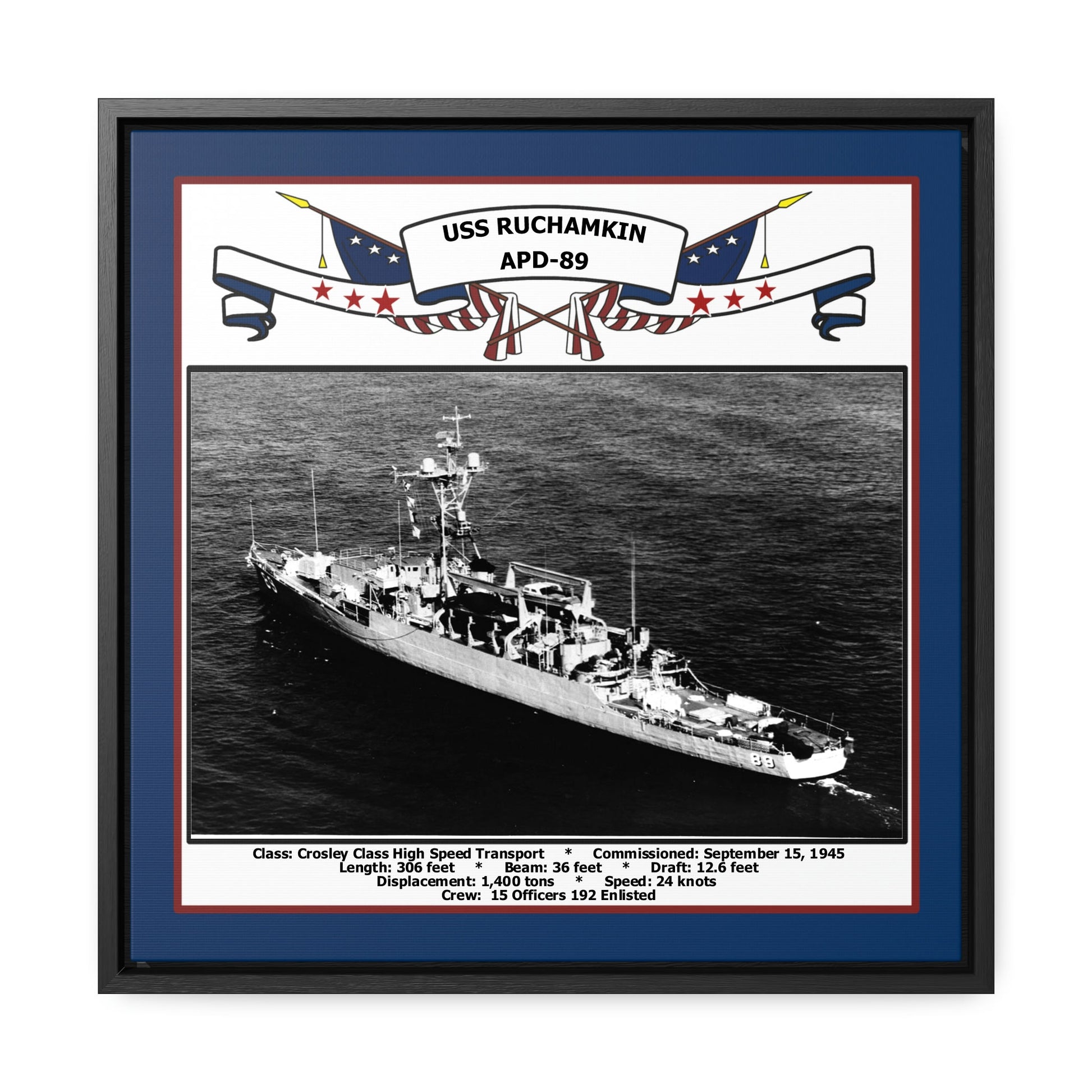 USS Ruchamkin APD-89 Navy Floating Frame Photo Front View