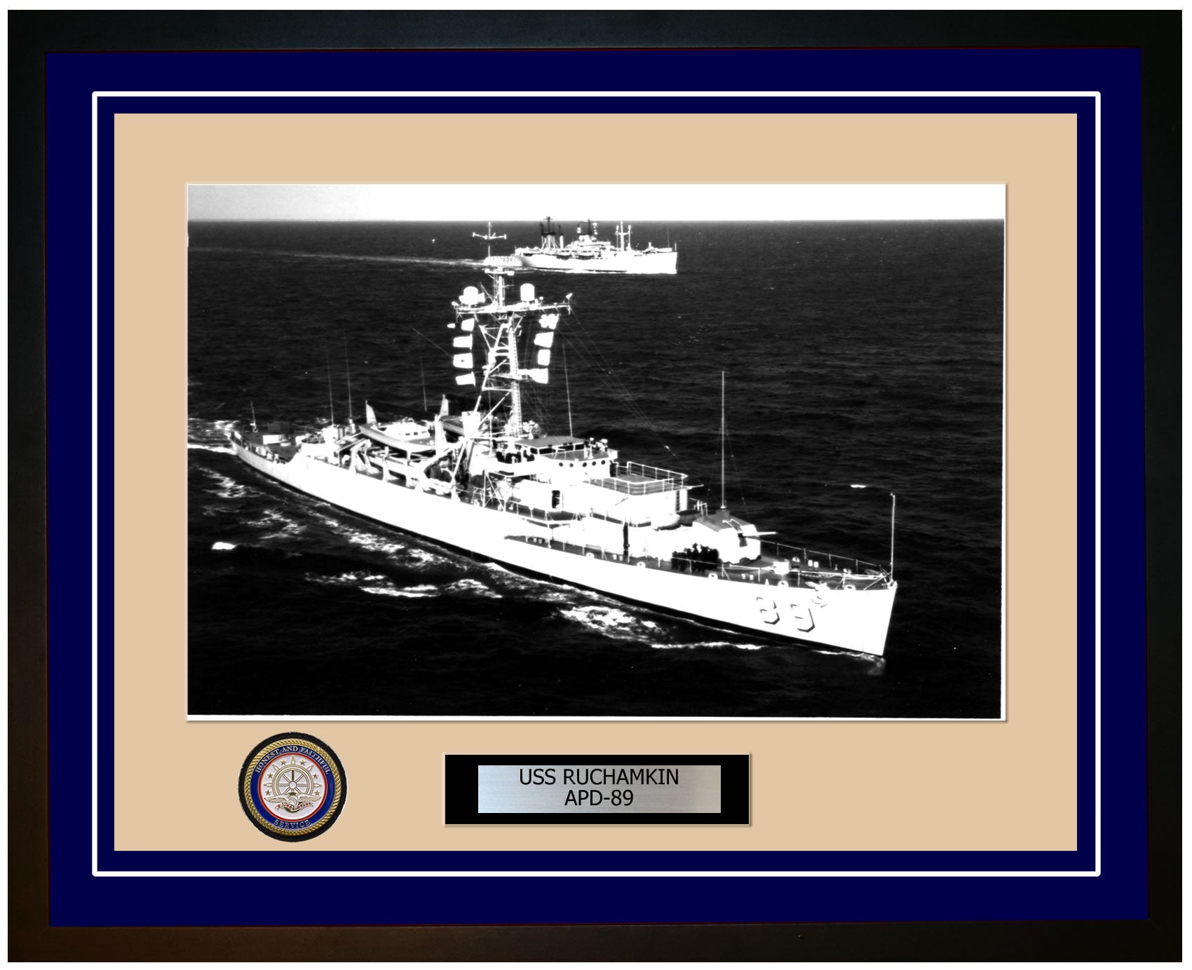 USS Ruchamkin APD-89 Framed Navy Ship Photo Blue