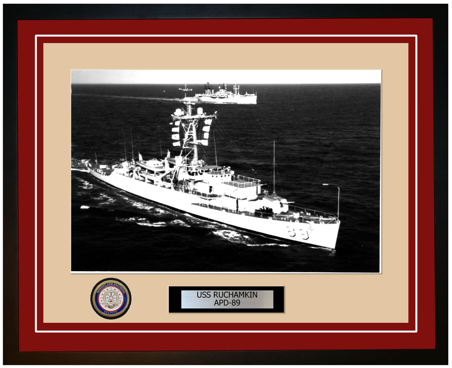 USS Ruchamkin APD-89 Framed Navy Ship Photo Burgundy