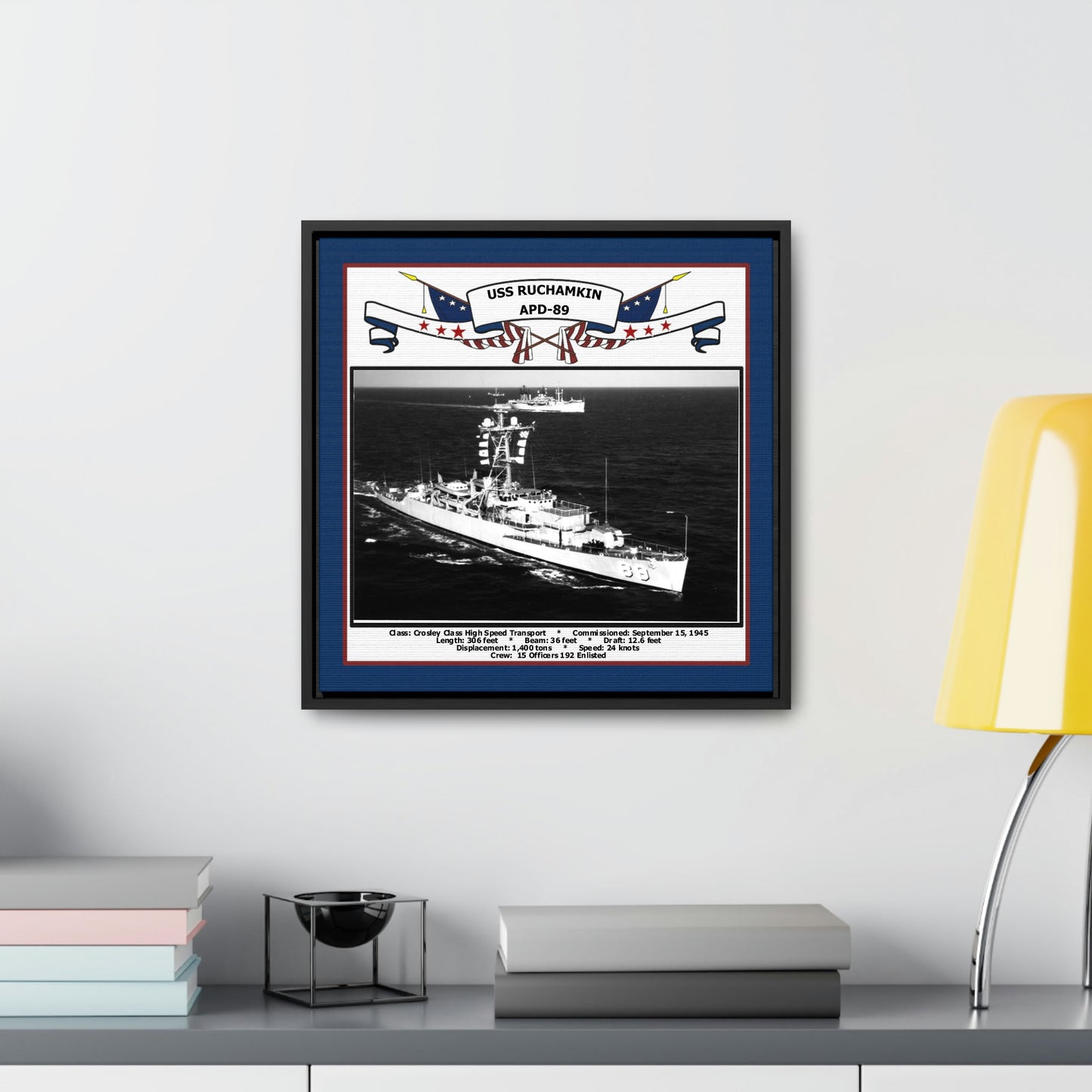 USS Ruchamkin APD-89 Navy Floating Frame Photo Desk View