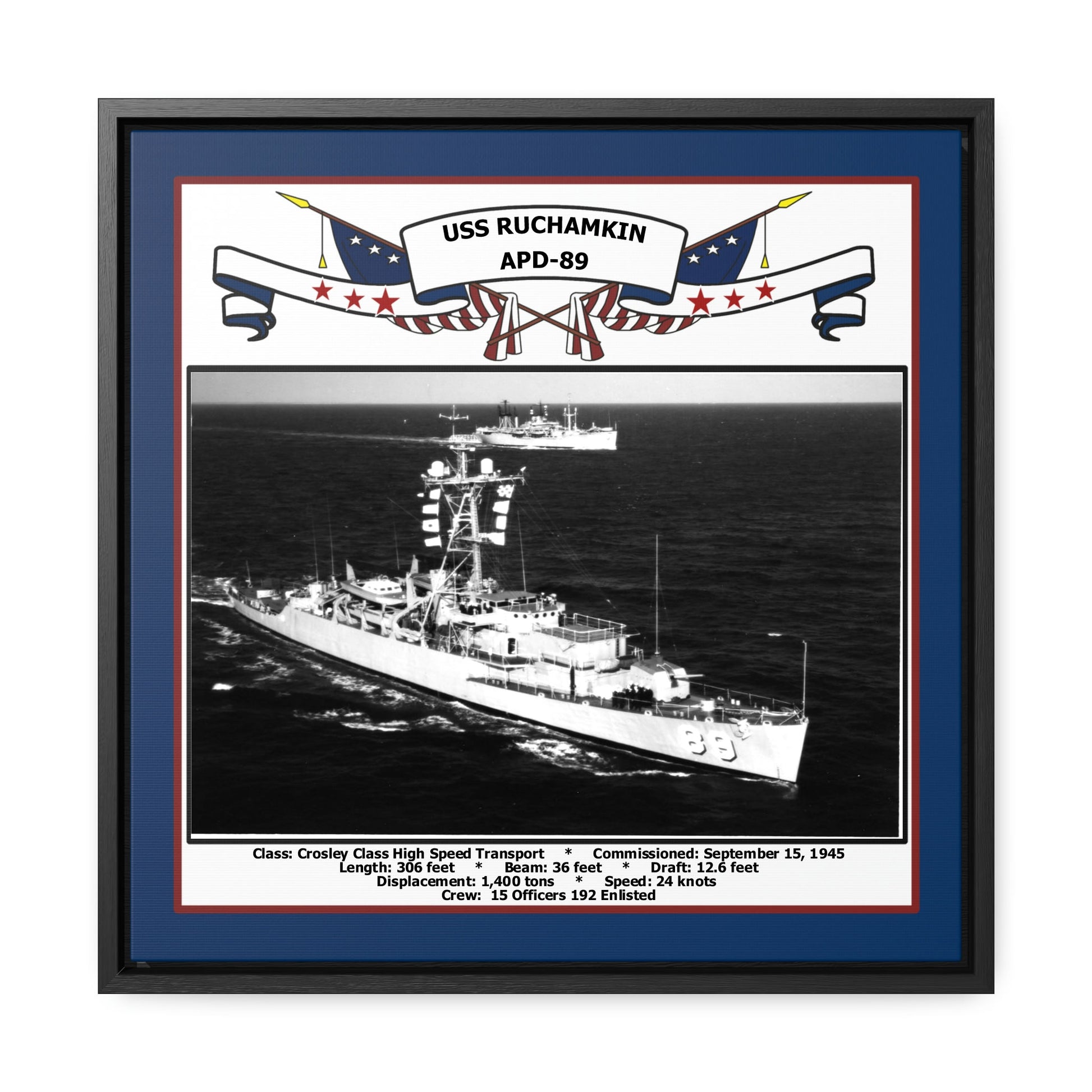 USS Ruchamkin APD-89 Navy Floating Frame Photo Front View