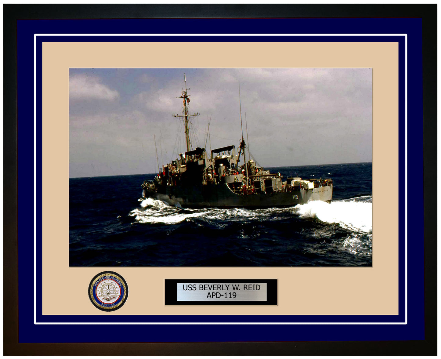 USS Beverly W. Reid APD-119 Framed Navy Ship Photo Blue