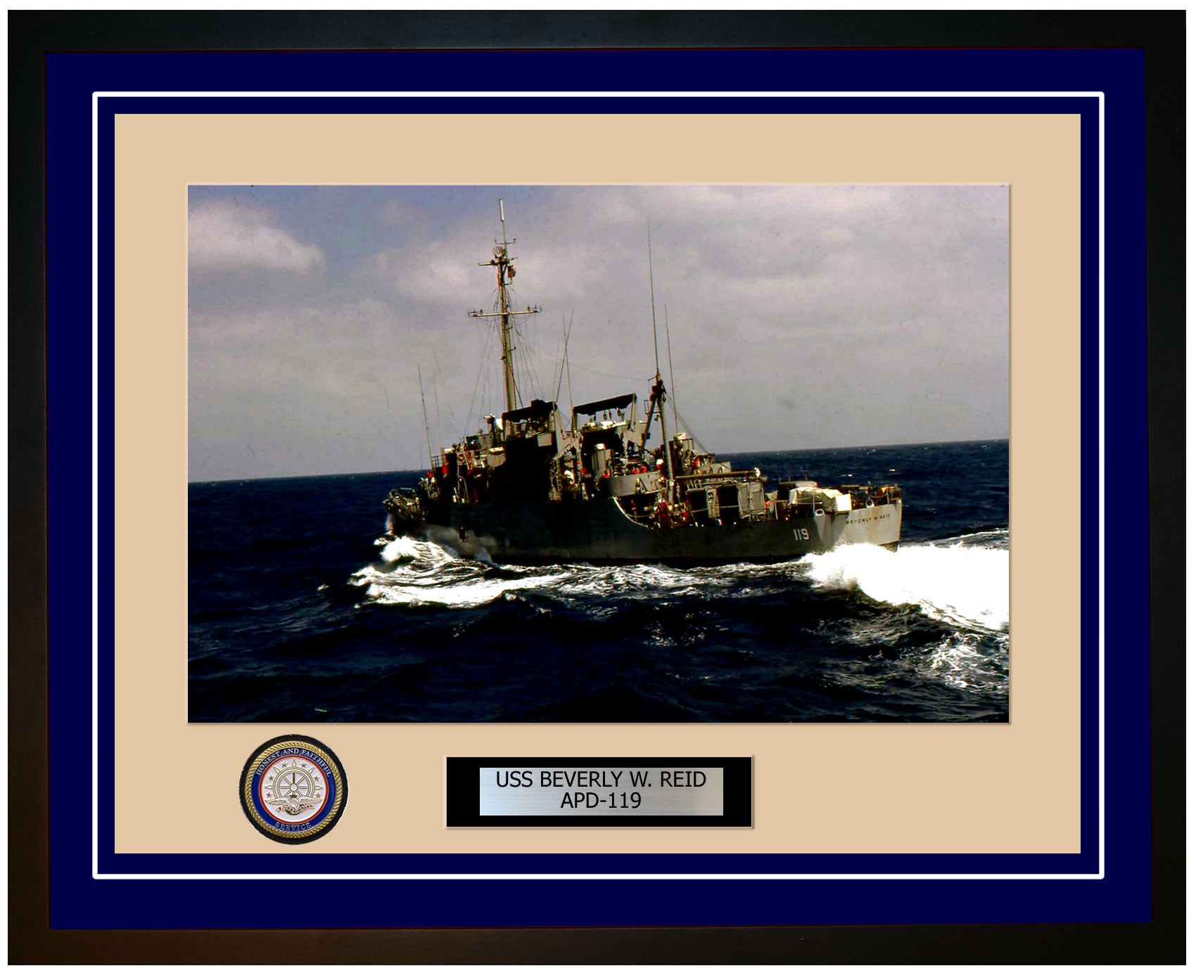 USS Beverly W. Reid APD-119 Framed Navy Ship Photo Blue