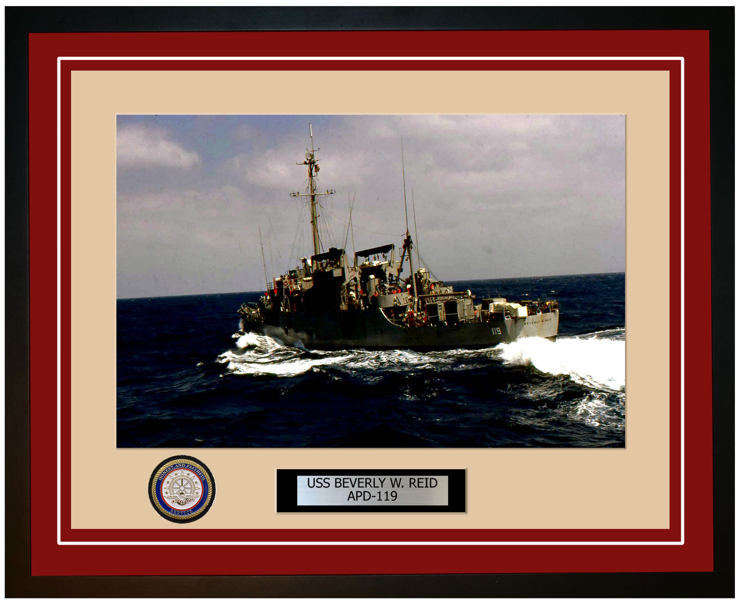 USS Beverly W. Reid APD-119 Framed Navy Ship Photo Burgundy