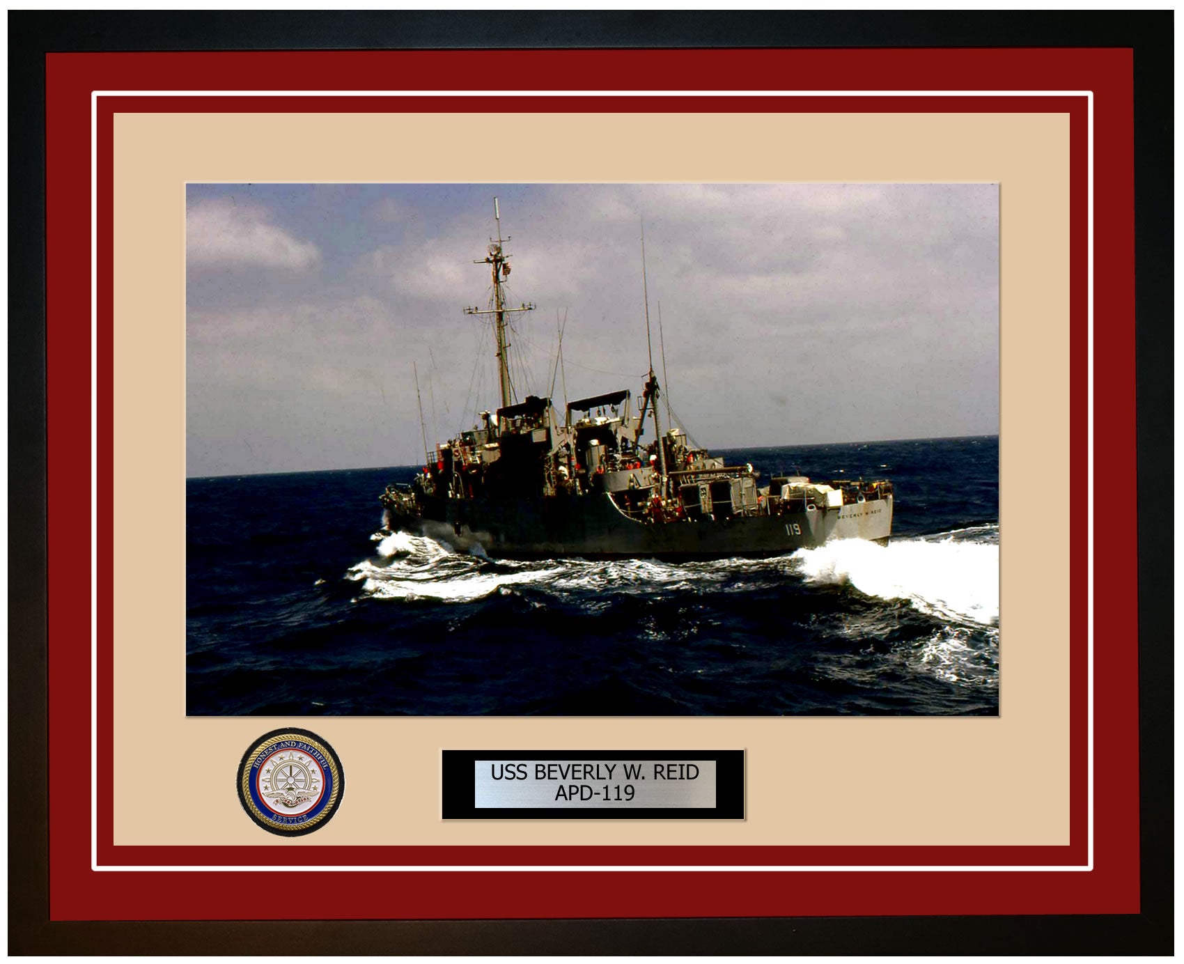 USS Beverly W. Reid APD-119 Framed Navy Ship Photo Burgundy