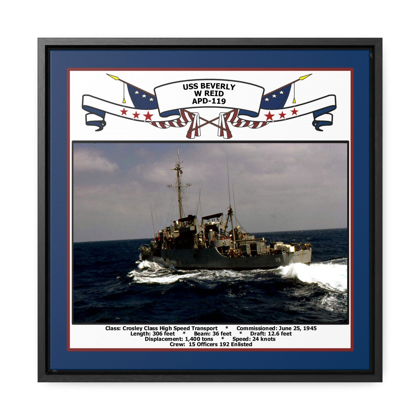 USS Beverly W Reid APD-119 Navy Floating Frame Photo Front View