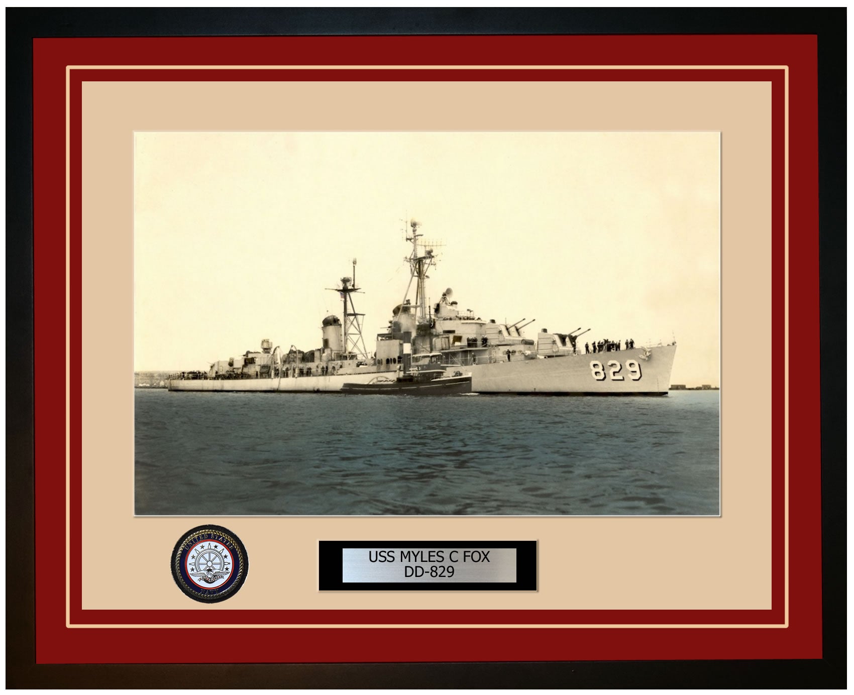 USS MYLES C FOX DD-829 Framed Navy Ship Photo Burgundy