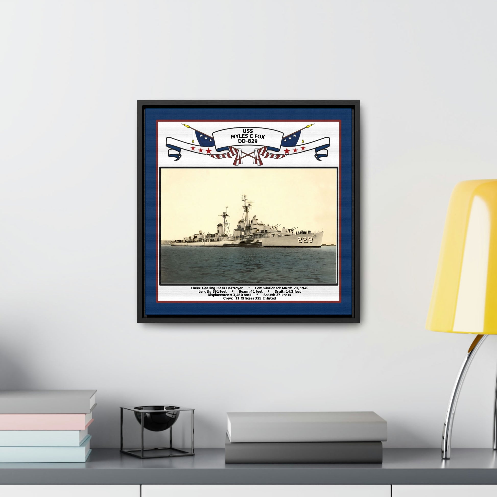 USS Myles C Fox DD-829 Navy Floating Frame Photo Desk View