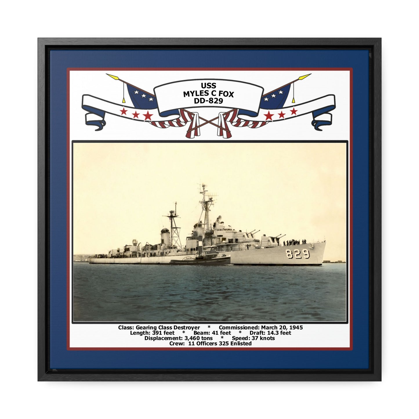 USS Myles C Fox DD-829 Navy Floating Frame Photo Front View