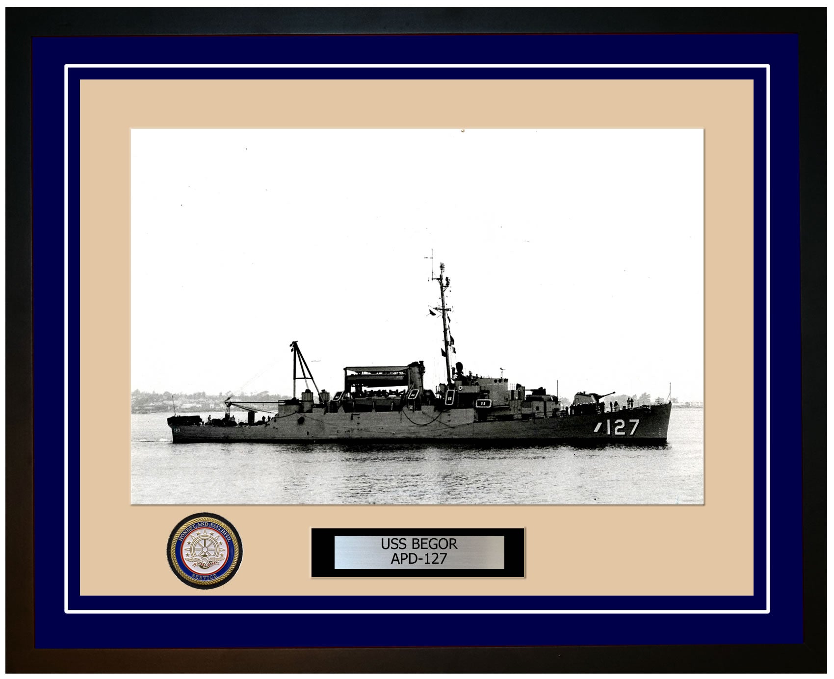 USS Begor APD-127 Framed Navy Ship Photo Blue
