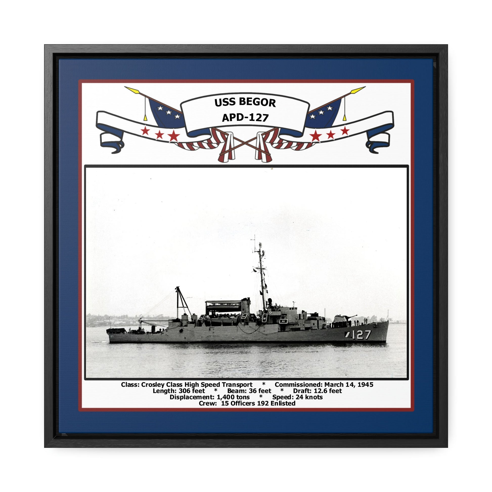 USS Begor APD-127 Navy Floating Frame Photo Front View