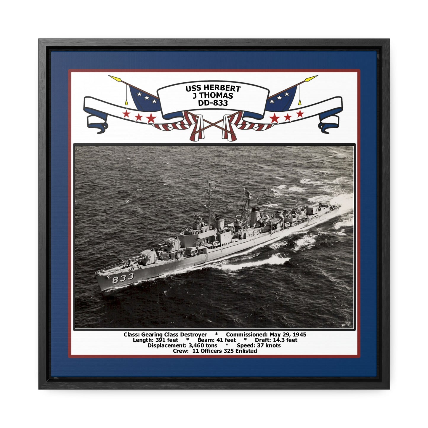 USS Herbert J Thomas DD-833 Navy Floating Frame Photo Front View