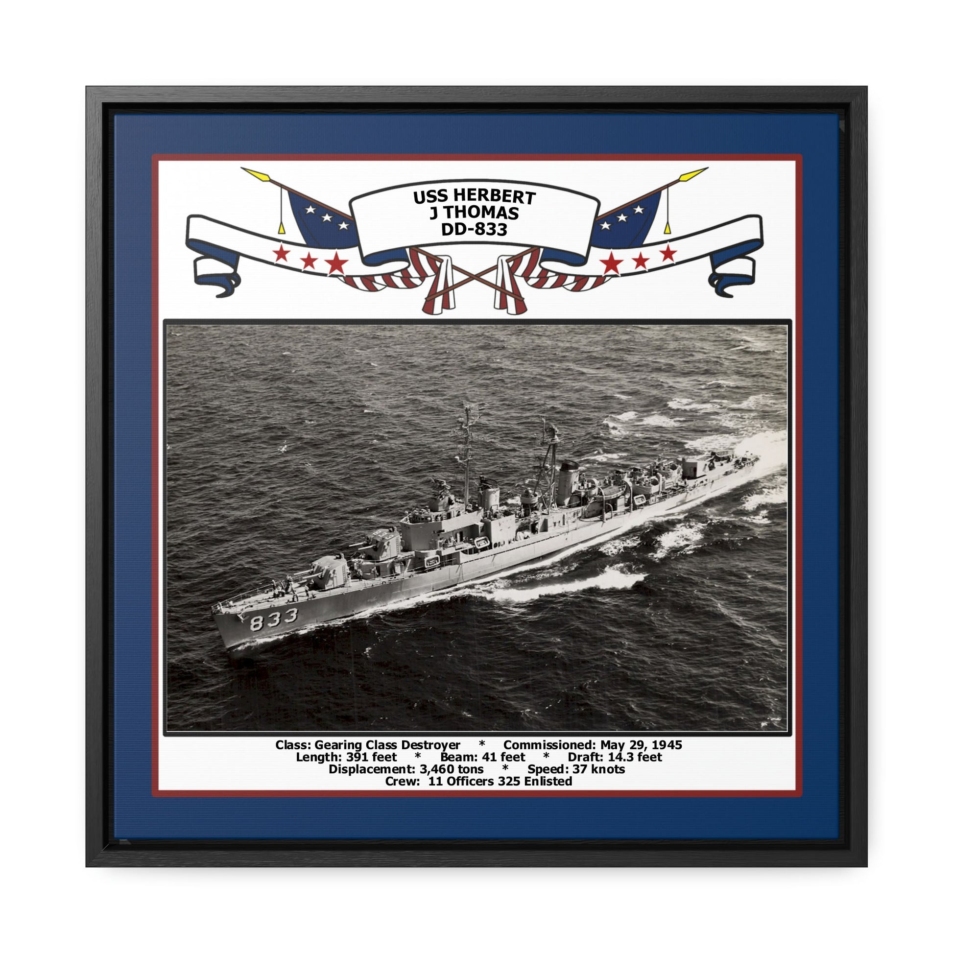 USS Herbert J Thomas DD-833 Navy Floating Frame Photo Front View