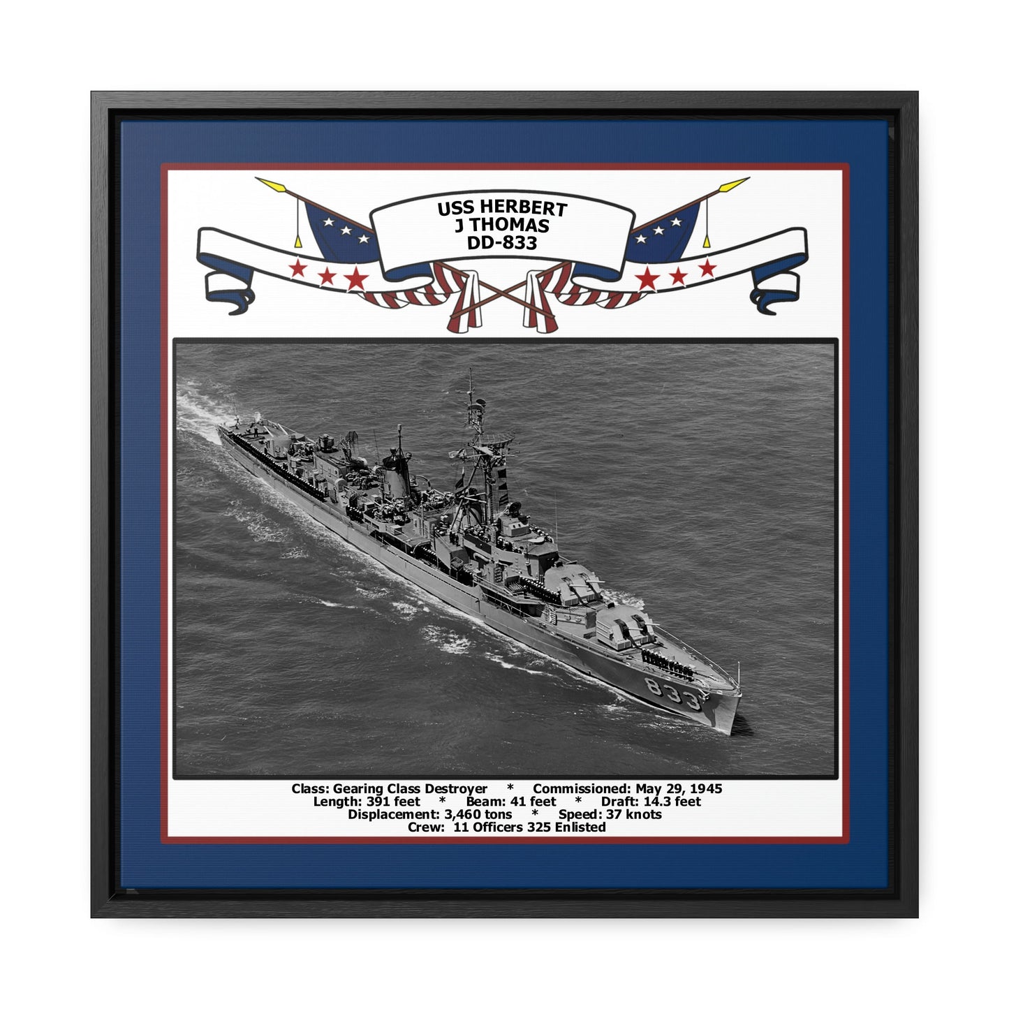USS Herbert J Thomas DD-833 Navy Floating Frame Photo Front View