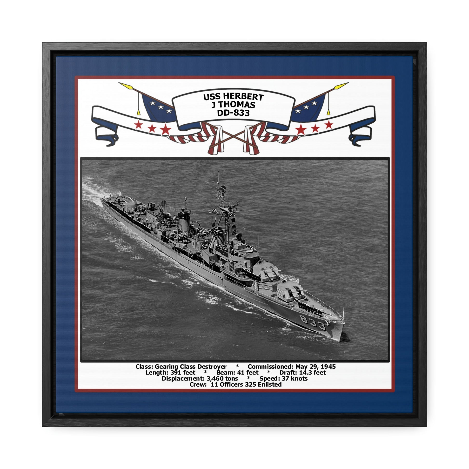 USS Herbert J Thomas DD-833 Navy Floating Frame Photo Front View